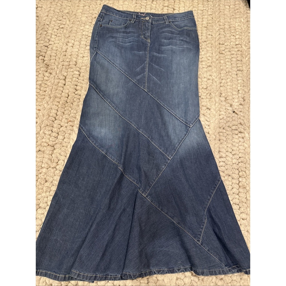 Vintage Y2K Bebe Jewel Pocket Denim Mermaid Maxi Skirt Blue Size 29 Western